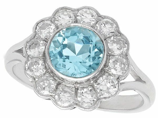 aquamarine diamond white gold cluster ring 1950s